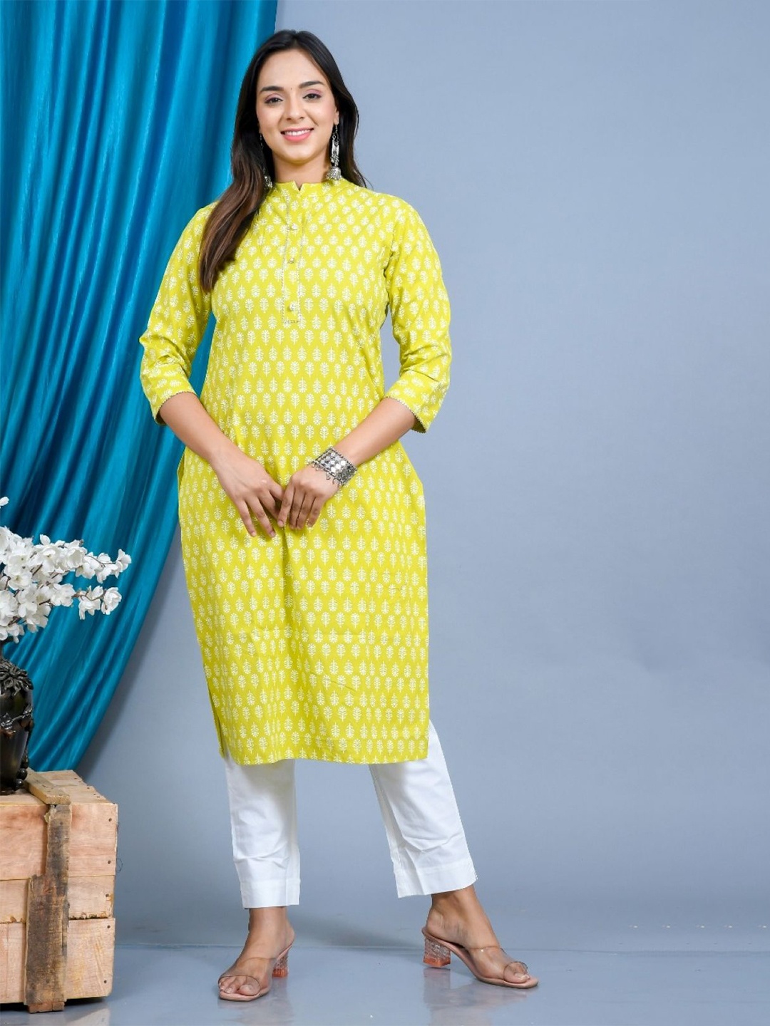 

RANI PRINTS Printed Straight Pure Cotton Kurta, Lime green