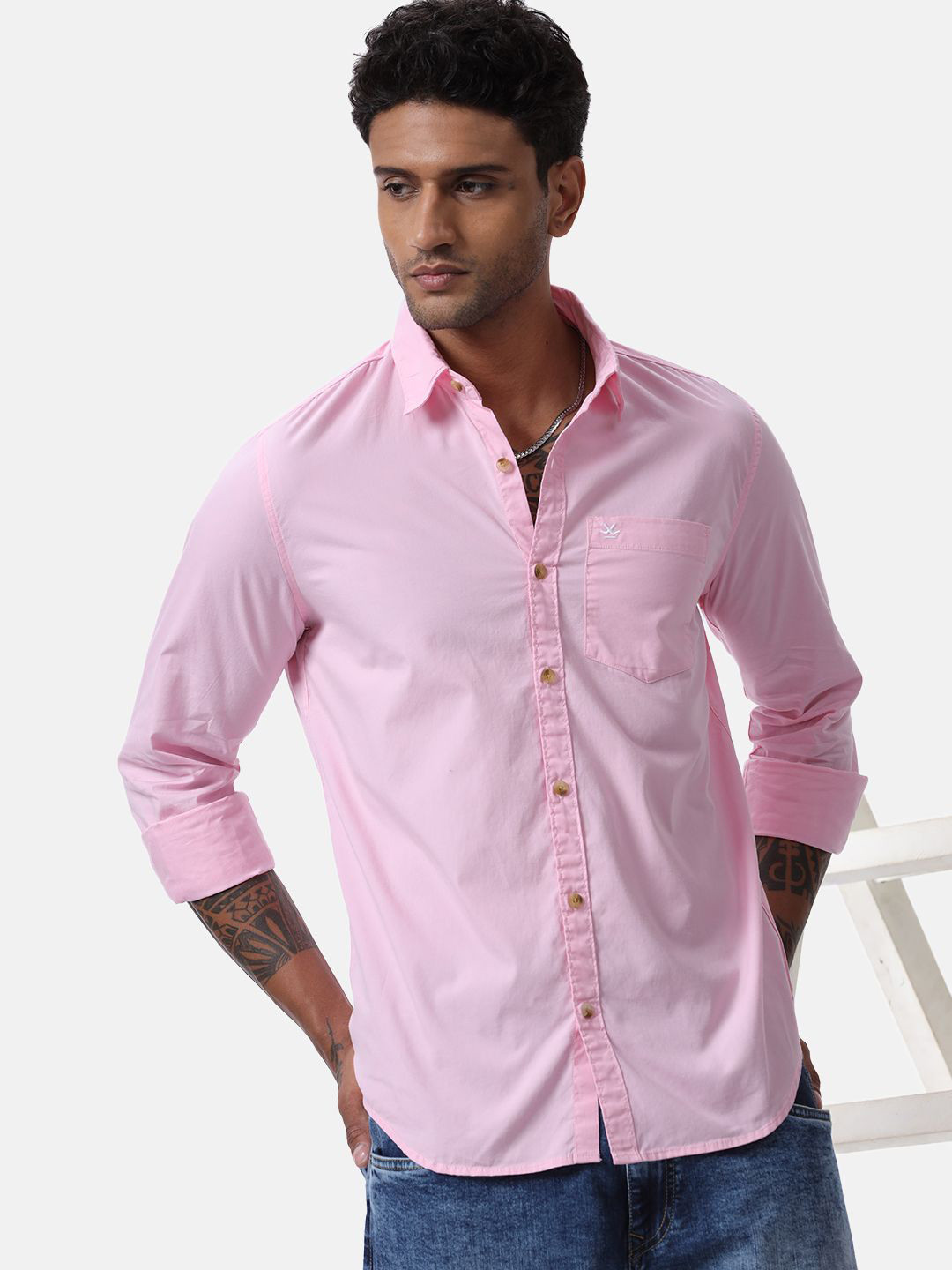 

WROGN Men Custom Spread Collar Solid Cotton Casual Shirt, Pink