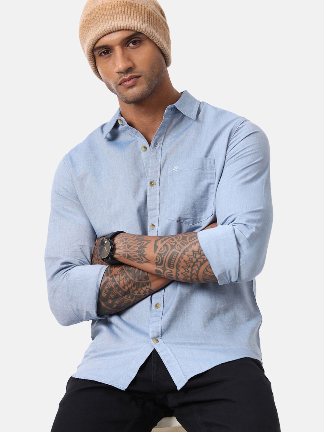 

WROGN Men Custom Spread Collar Solid Cotton Casual Shirt, Blue