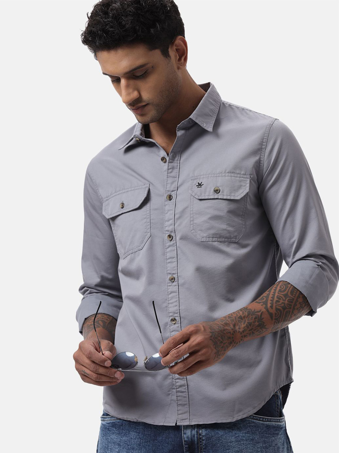 

WROGN Men Custom Spread Collar Solid Cotton Casual Shirt, Grey