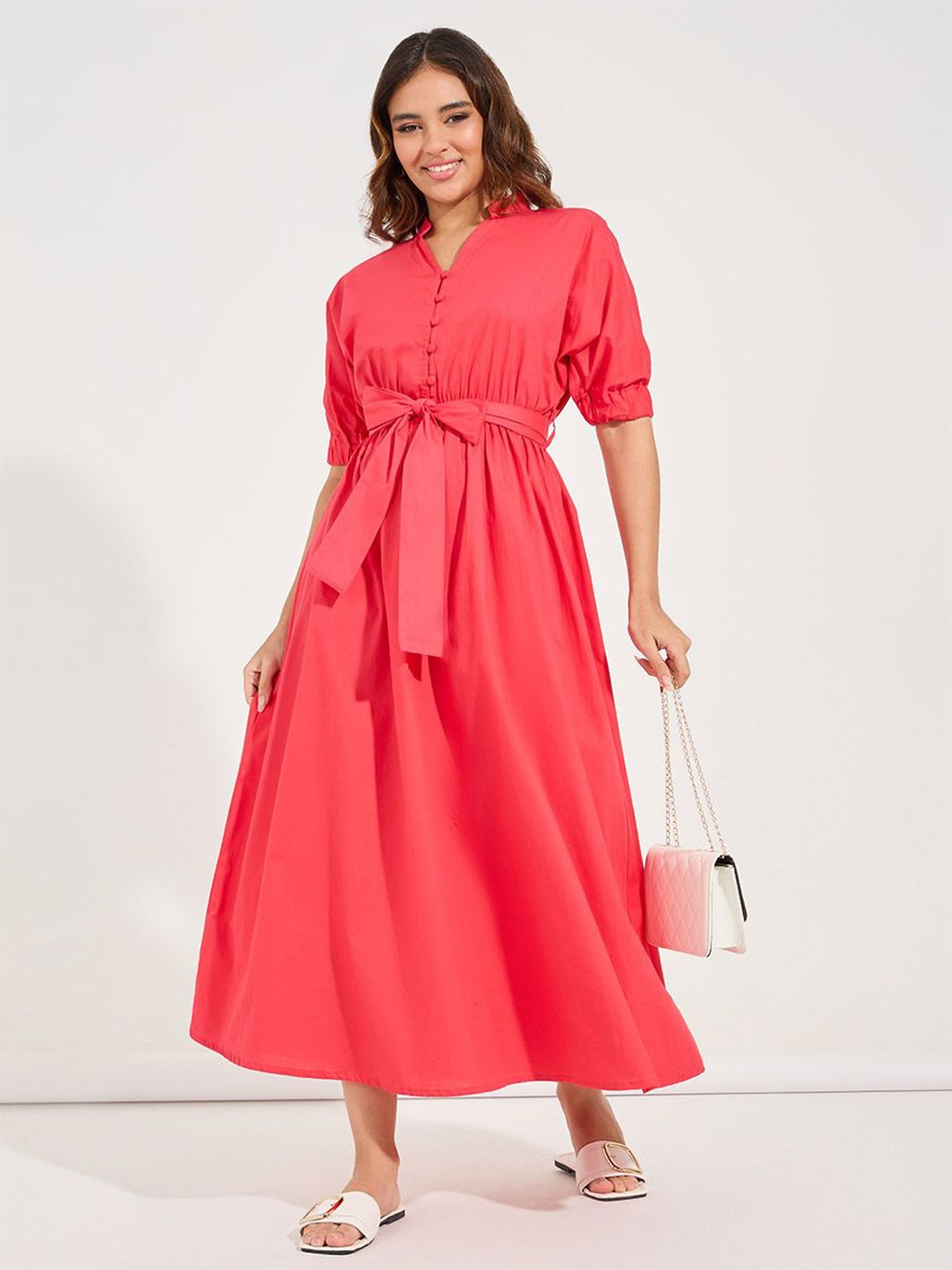 

Styli Puff Sleeve Fit & Flare Midi Dress, Pink