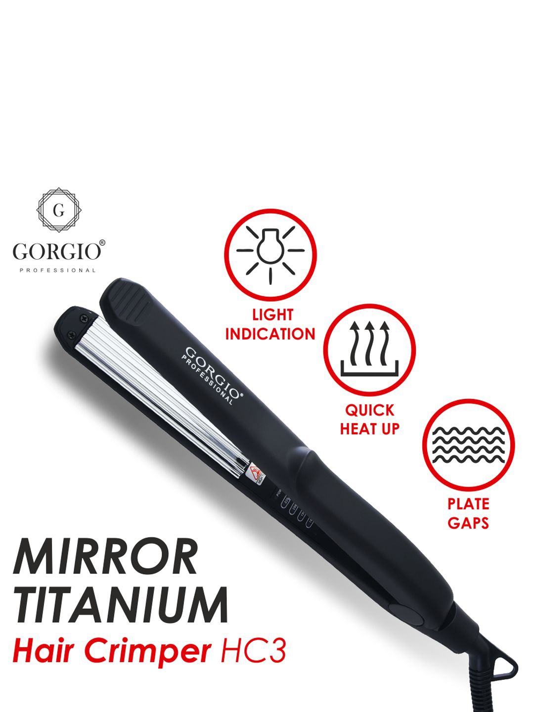 

GORGIO PROFESSIONAL Mirror Titanium Overheat-Protection Slim Plate Hair Crimper HC3, Black