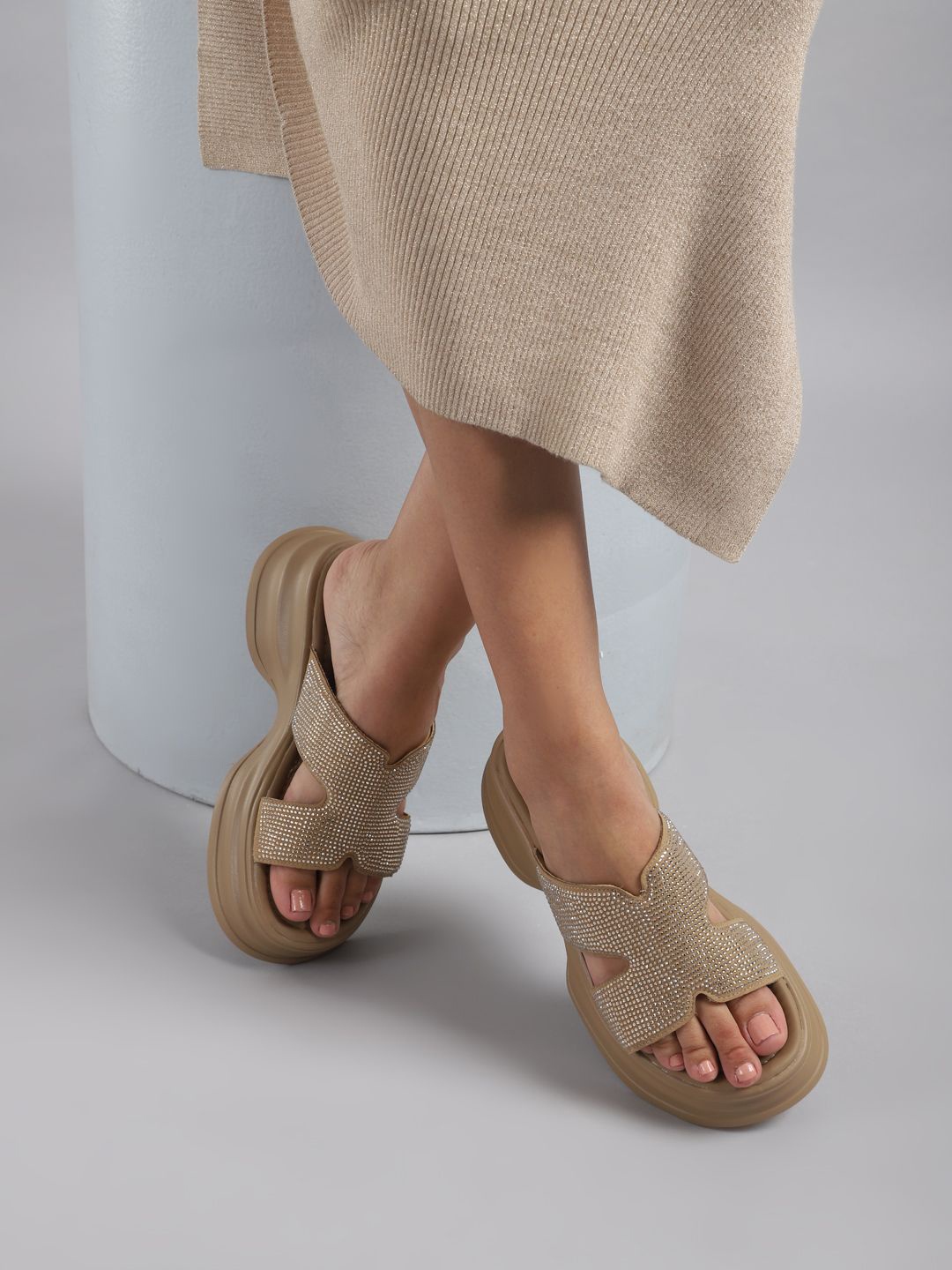 

Truffle Collection Women Embellished Open Toe Flats, Khaki