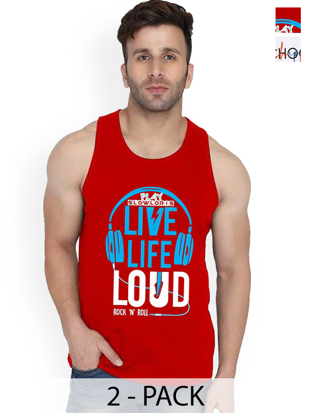

SLOWLORIS Pack Of 2 Men Printed Gym Vests, Red