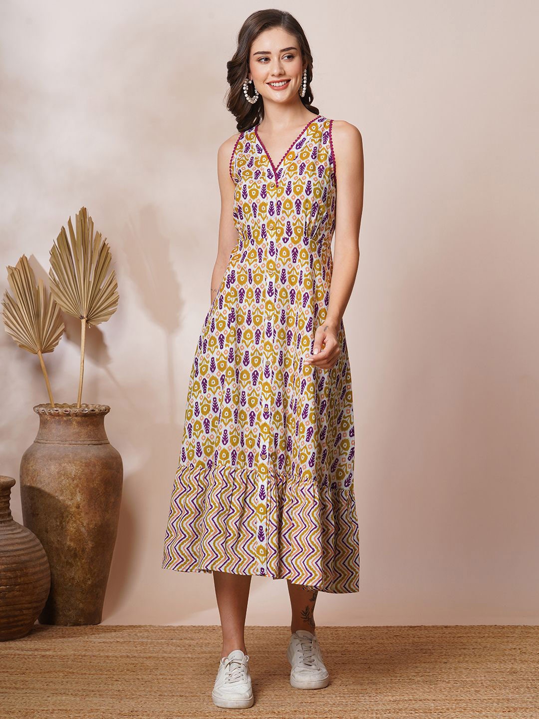 

FASHOR Ethnic Motifs Printed A-Line Midi Dress, Beige
