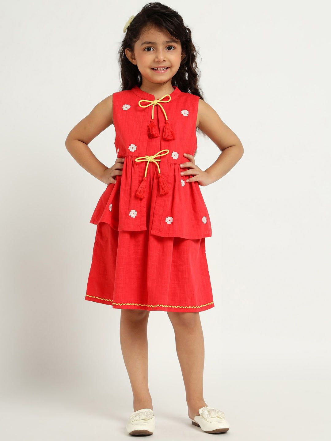 

Somersault Girls Cotton Layered Fit & Flare Dress & Bow Detailed Shrug Set, Red