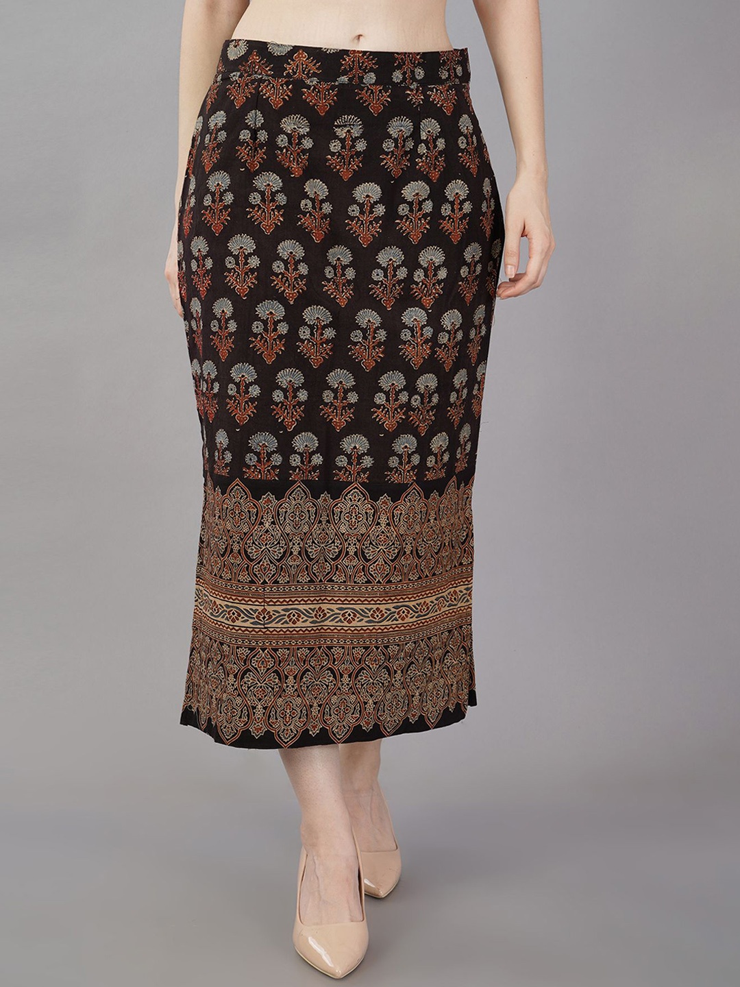 

NAVSYAA Printed Cotton Straight Skirts, Black
