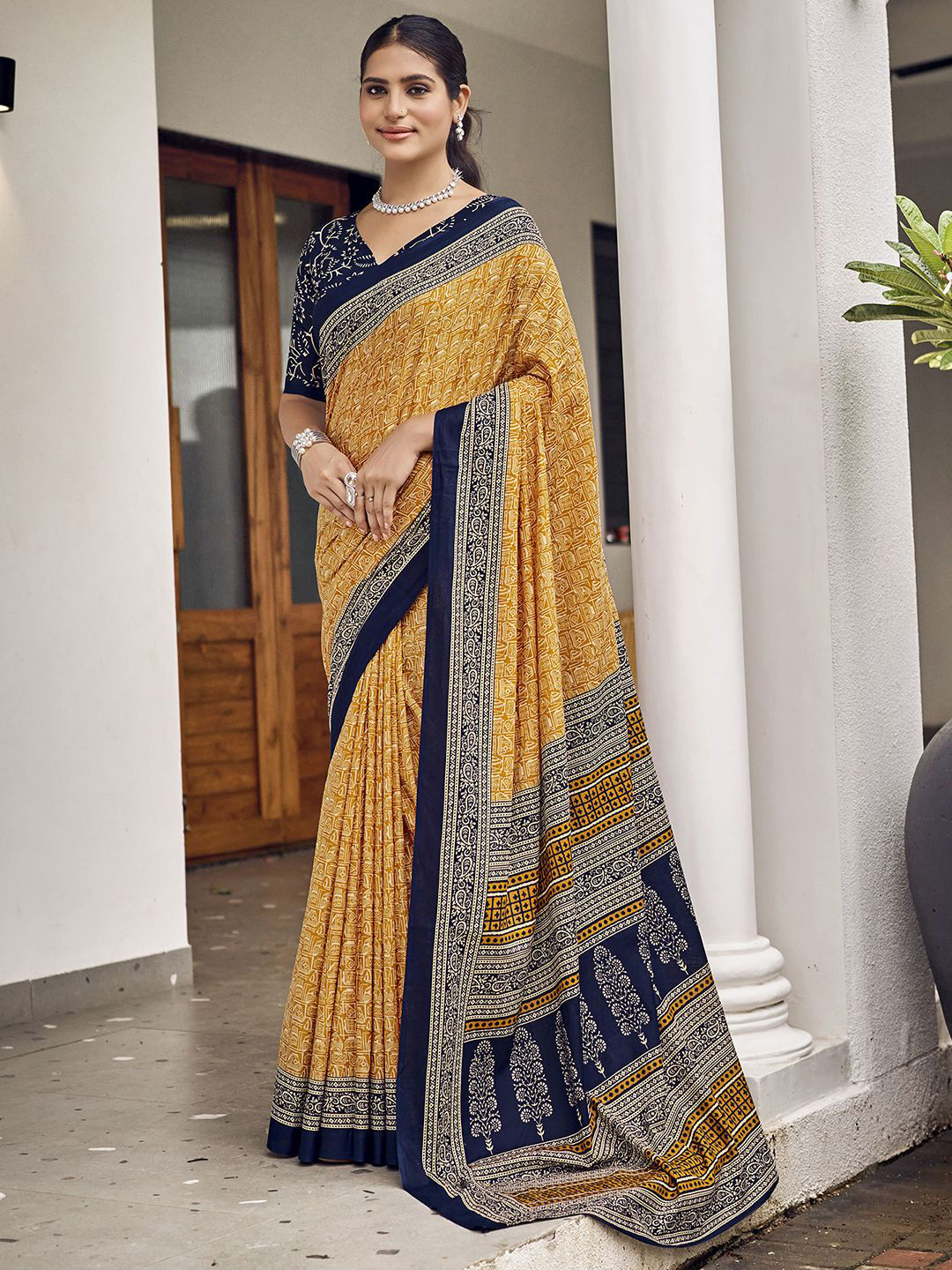 

Mitera Floral Pure Cotton Dabu Saree, Yellow