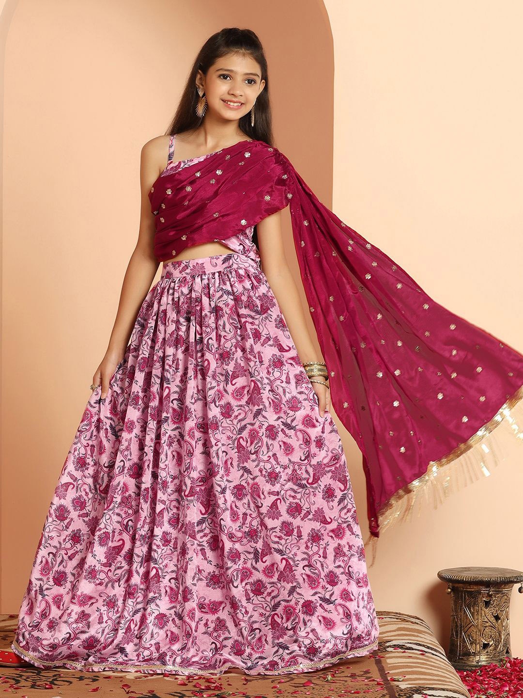 

BAESD Girls Printed One Shoulder Ready to Wear Lehenga & Blouse With Dupatta, Pink
