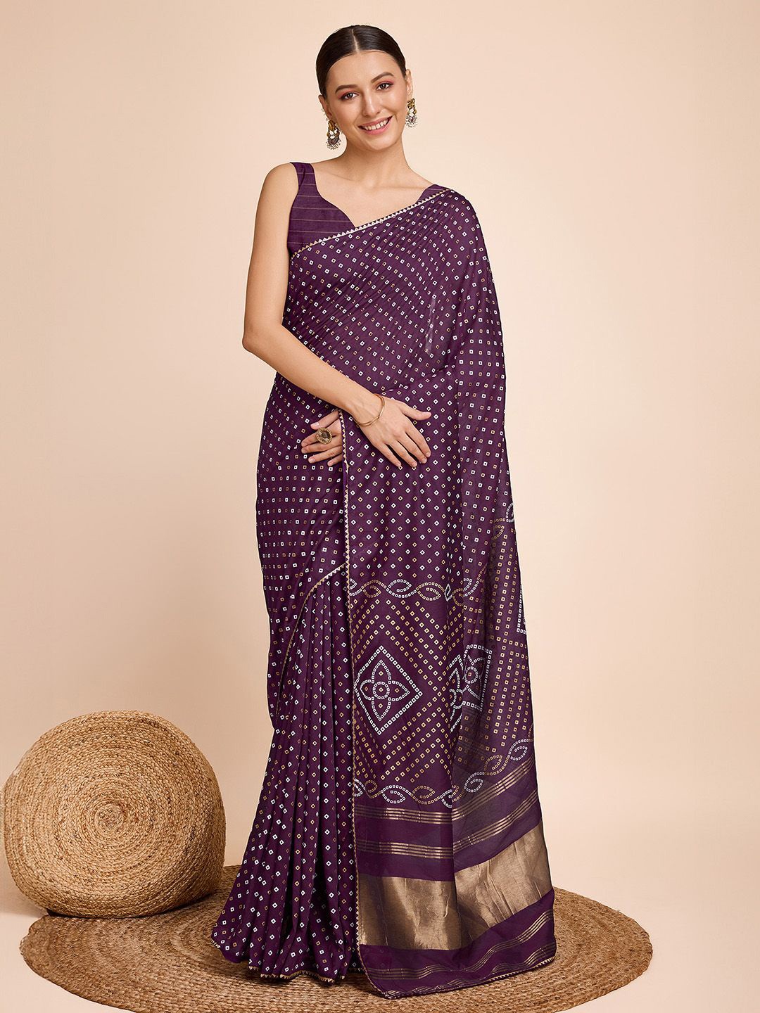 

Mitera Bandhani Printed Zari Bandhani Saree, Purple