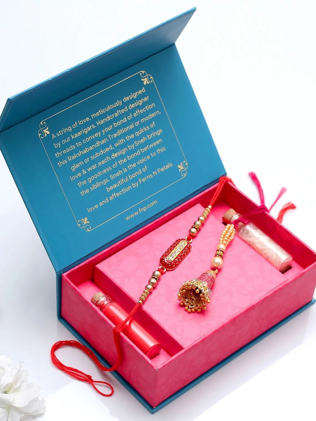 

fnp Designer Meenakari Lumba and Capsule Rakhi Set Mauli Rakhis, Red