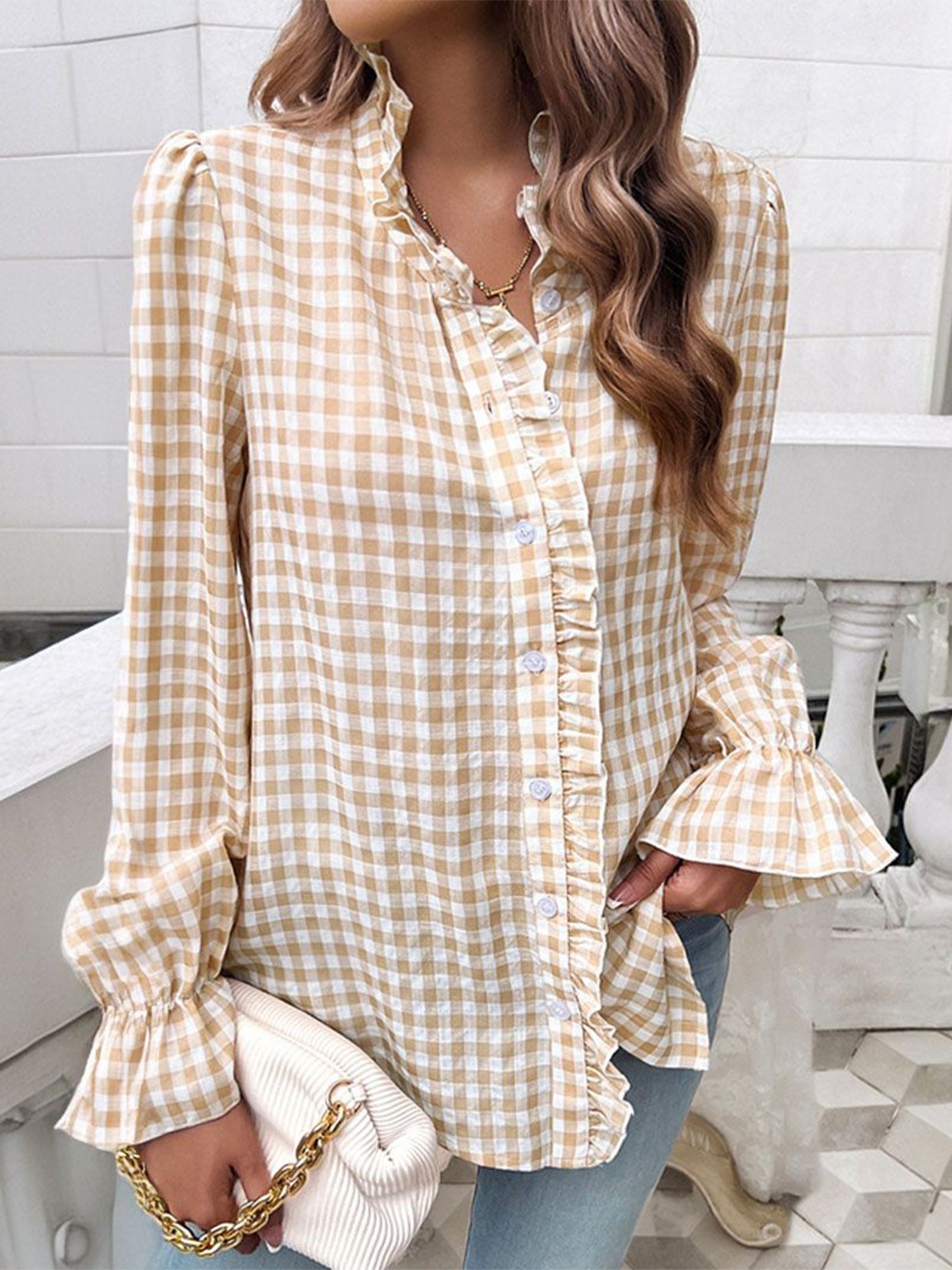 

StyleCast Women Checked Mandarin Collar Top, Beige
