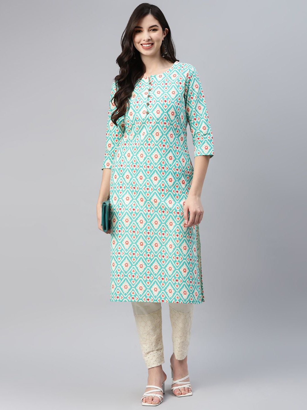 

BAESD Women Geometric Embellished Keyhole Neck Thread Work Kurta, Turquoise blue