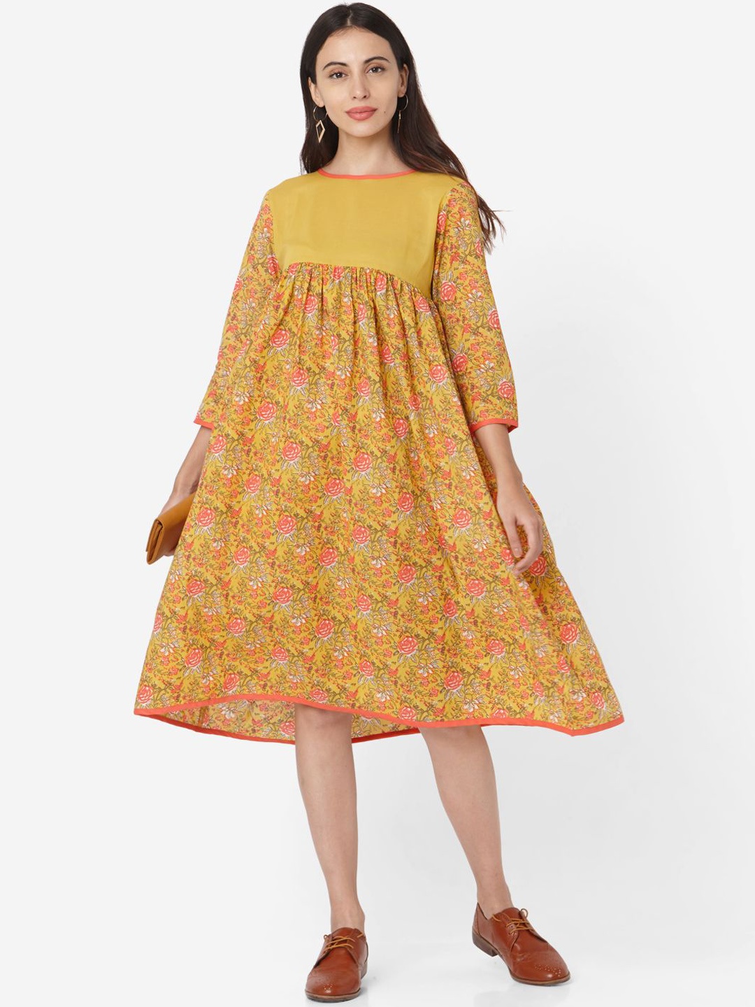 

Shaily Floral Printed Gathered Detail Cotton A-Line Kurta, Mustard
