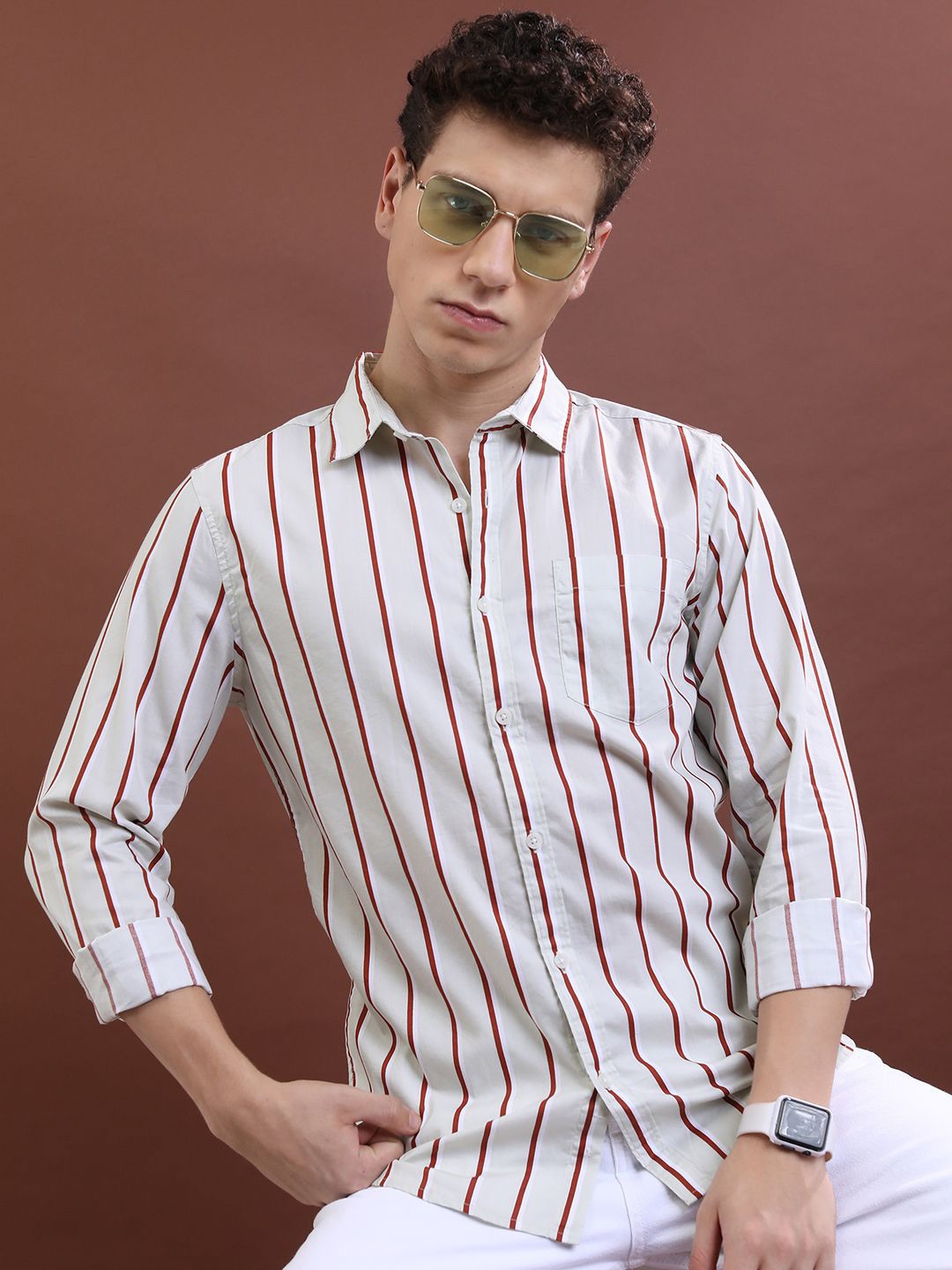 

HIGHLANDER Men Spread Collar Striped Cotton Slim Fit Casual Shirt, Green