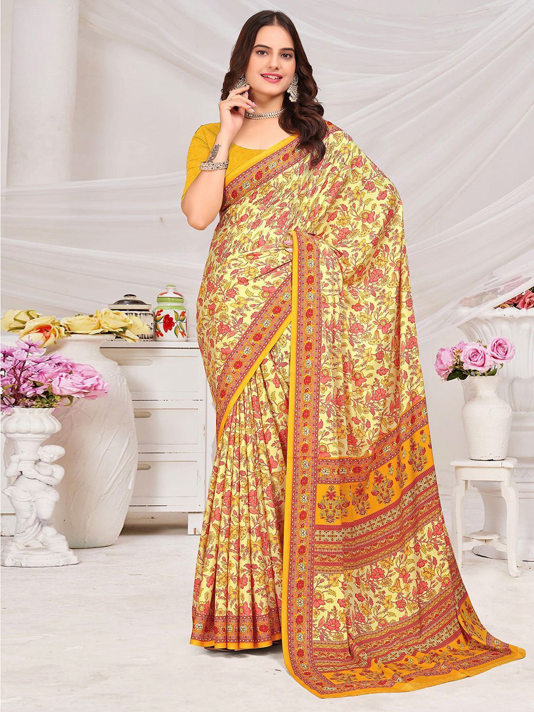 

Mitera Floral Pure Crepe Saree, Yellow