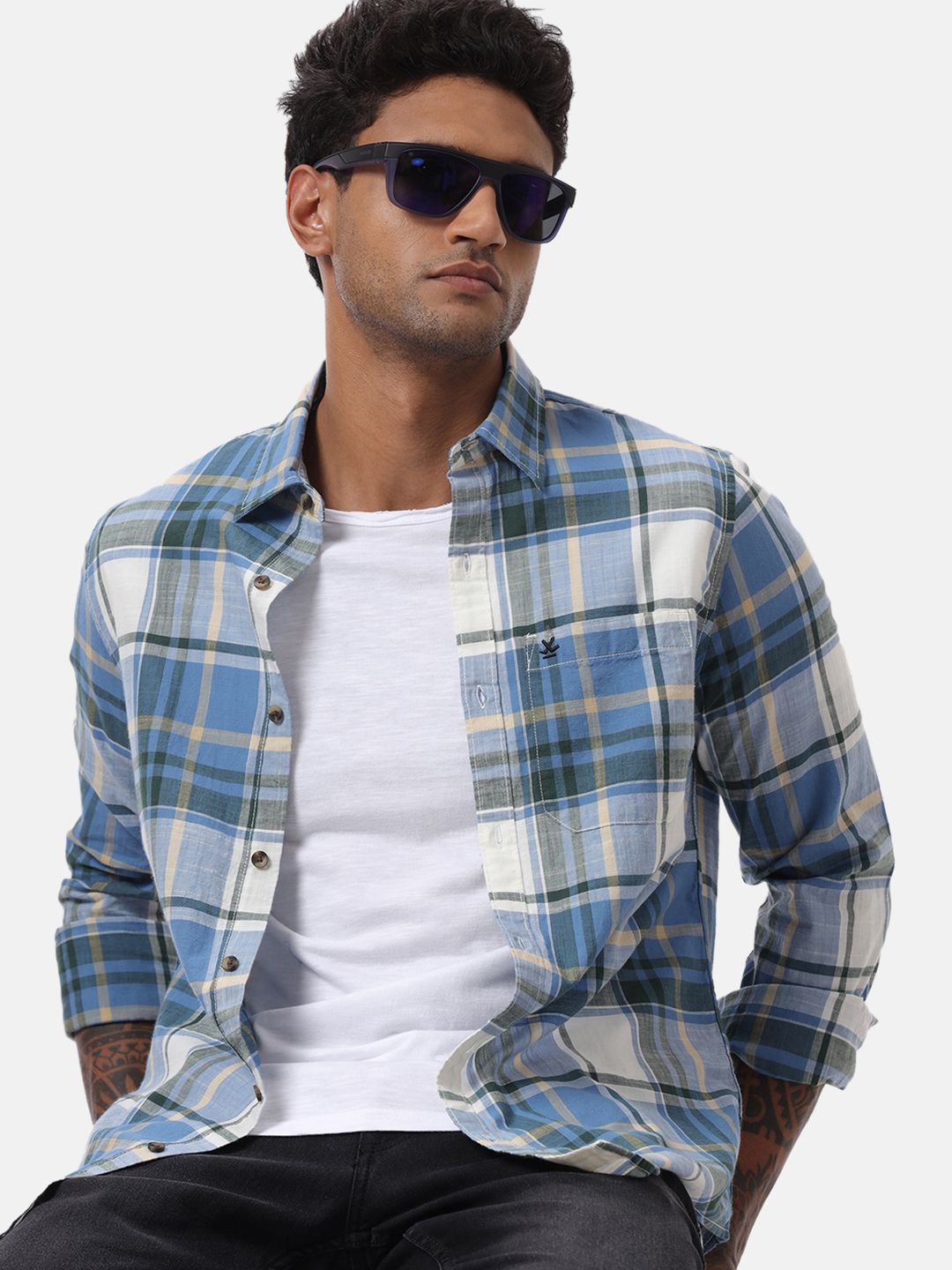 

WROGN Men Custom Spread Collar Tartan Checked Cotton Casual Shirt, Beige