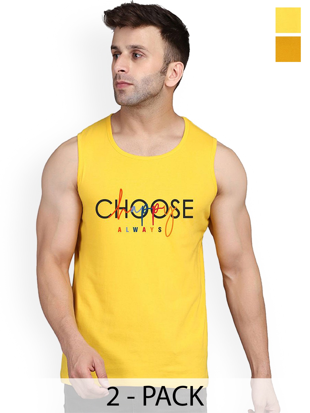 

SLOWLORIS Pack Of 2 Men Printed Gym Vests, Mustard