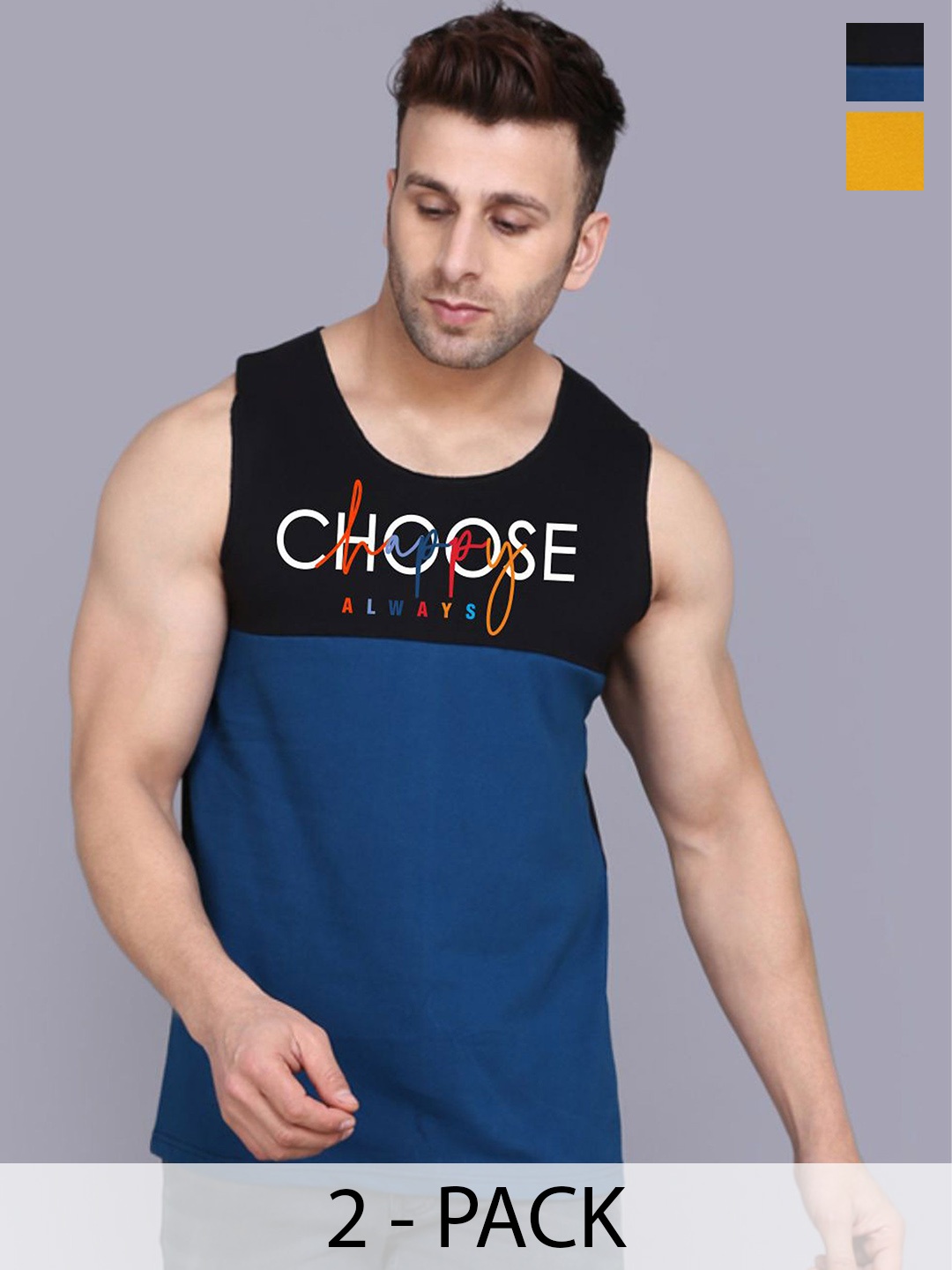 

SLOWLORIS Pack Of 2 Men Printed Gym Vests, Mustard