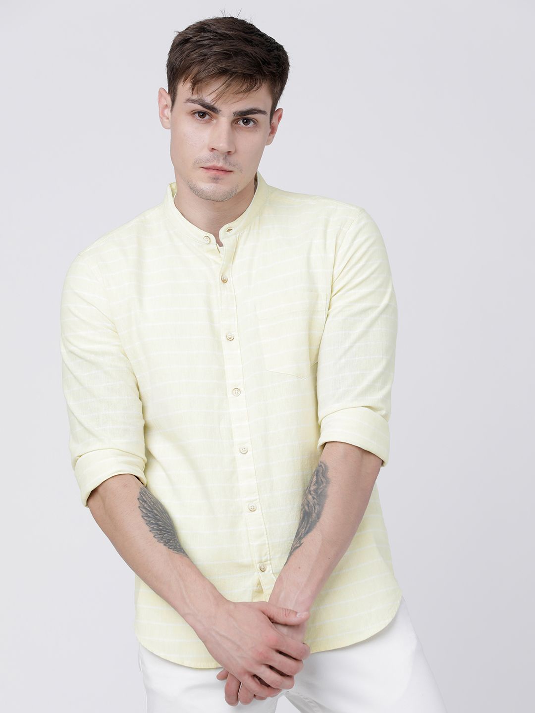 

HIGHLANDER Men Mandarin Collar Striped Cotton Linen Slim Fit Casual Shirt, Yellow