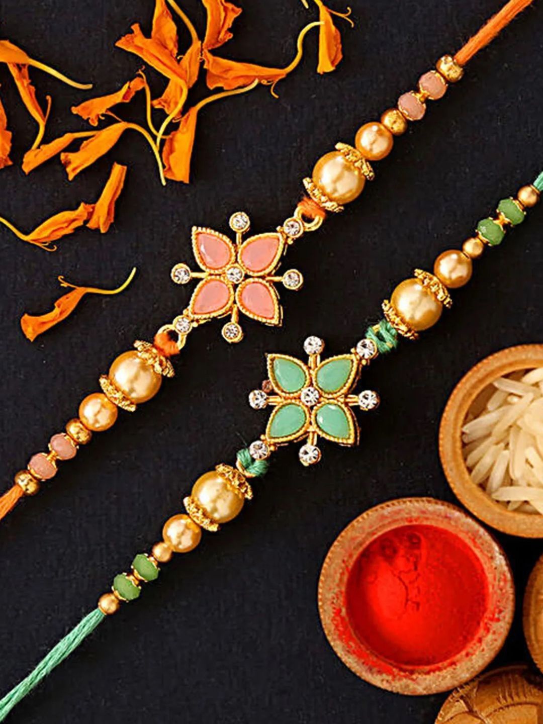 

fnp Pastel Floral Visions Golden Beads Rakhi Silver Selections, Green