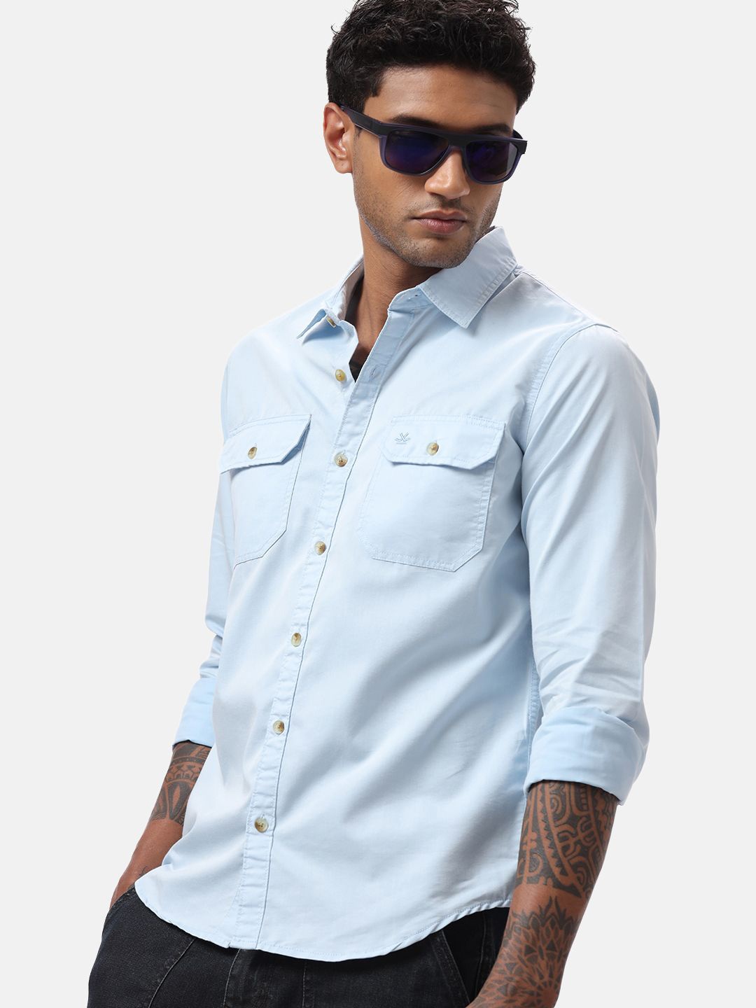 

WROGN Men Custom Spread Collar Solid Cotton Casual Shirt, Blue