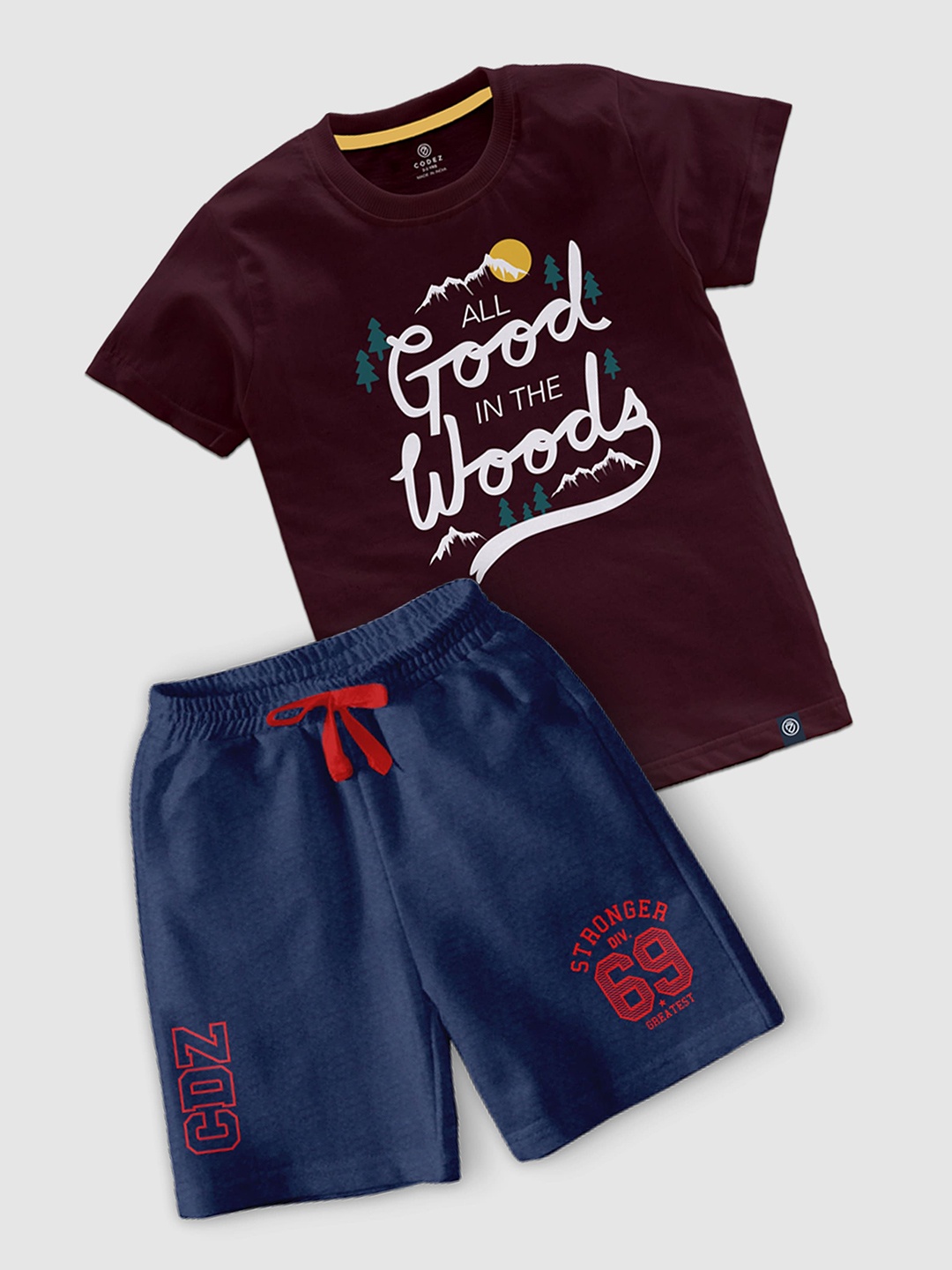 

CODEZ Boys Printed Round Neck T-shirt with Shorts, Maroon