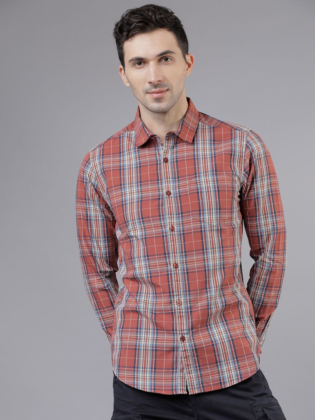 

HIGHLANDER Men Spread Collar Tartan Checked Cotton Slim Fit Casual Shirt, Coral