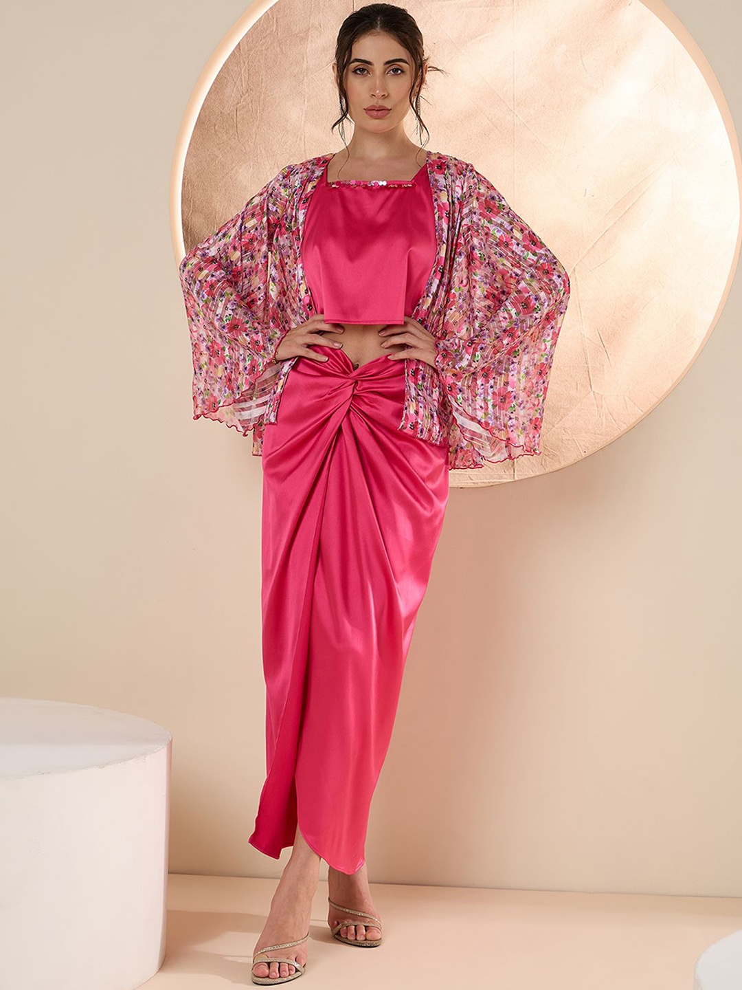 

Antheaa Embellished Cape Top With Skirt, Pink