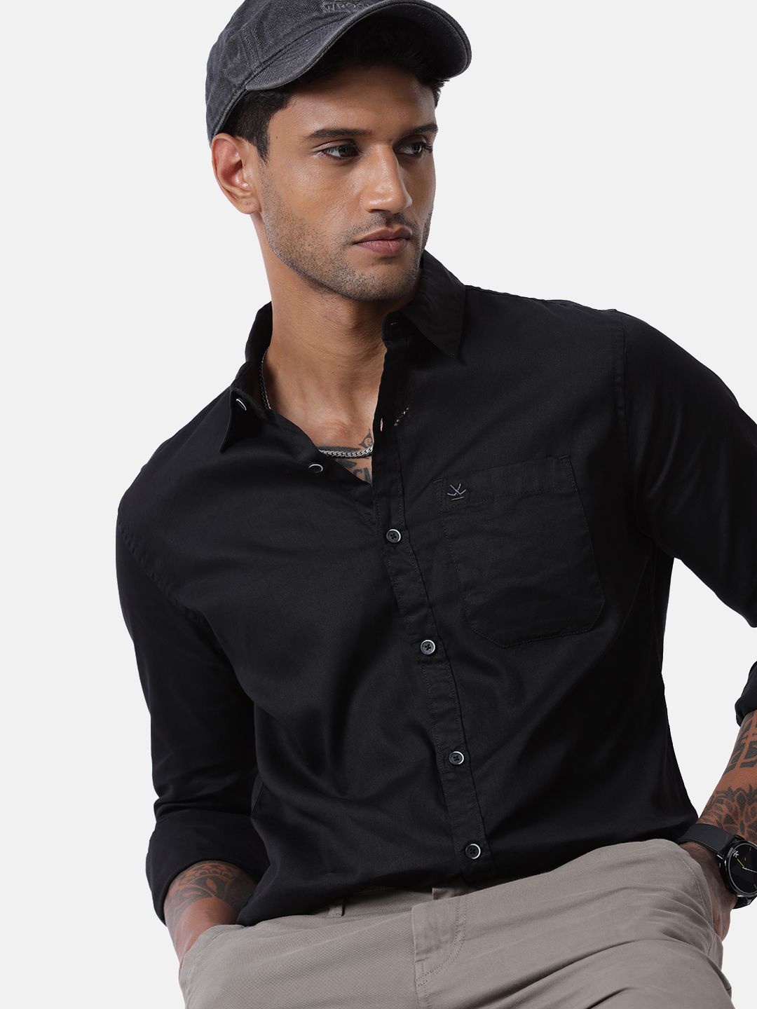 

WROGN Men Custom Spread Collar Solid Cotton Casual Shirt, Black