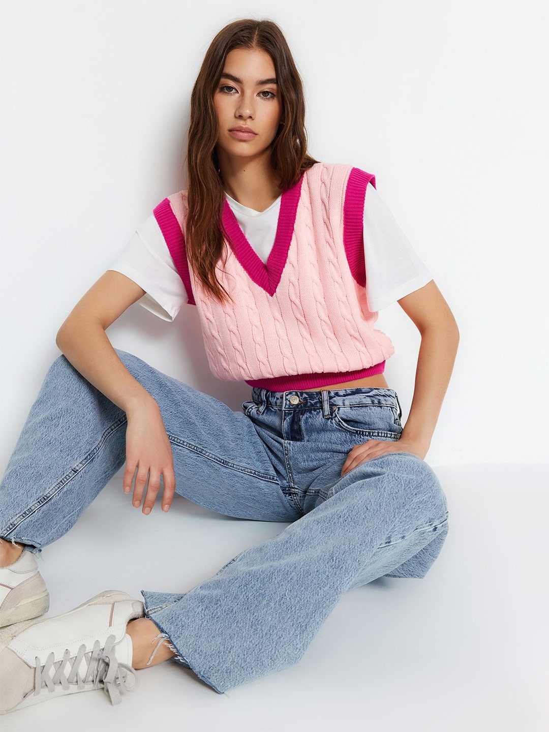 

Trendyol Women Cable Knit Crop Pullover, Pink