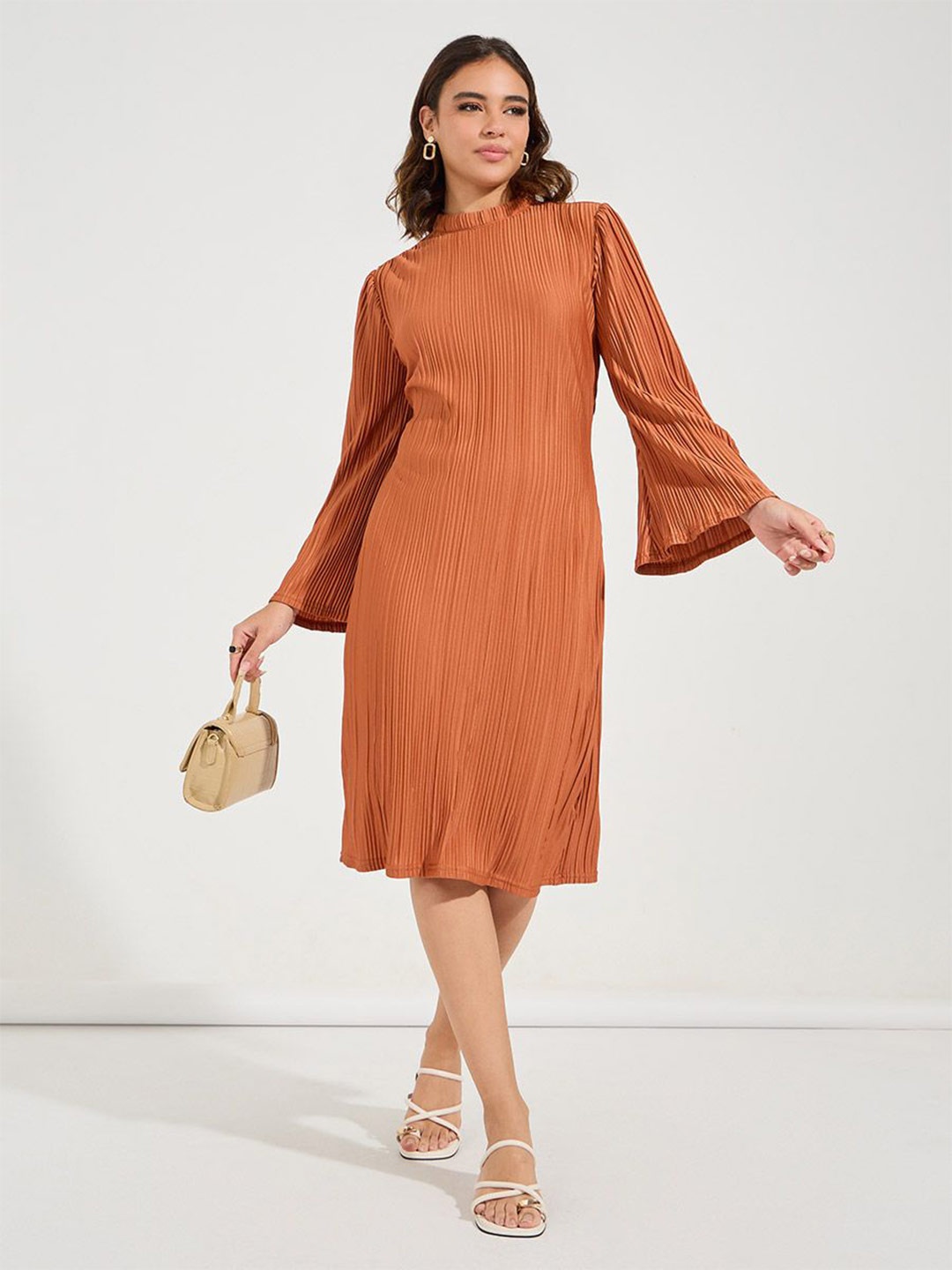 

Styli Women Solid Bell Sleeve Plisse A-Line Knee Length Dress, Brown
