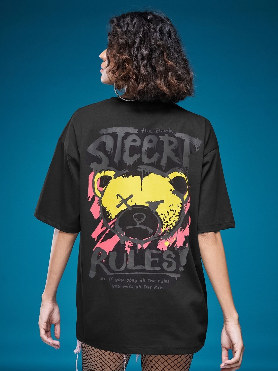 

SMARTEES Women Printed Raw Edge T-shirt, Black
