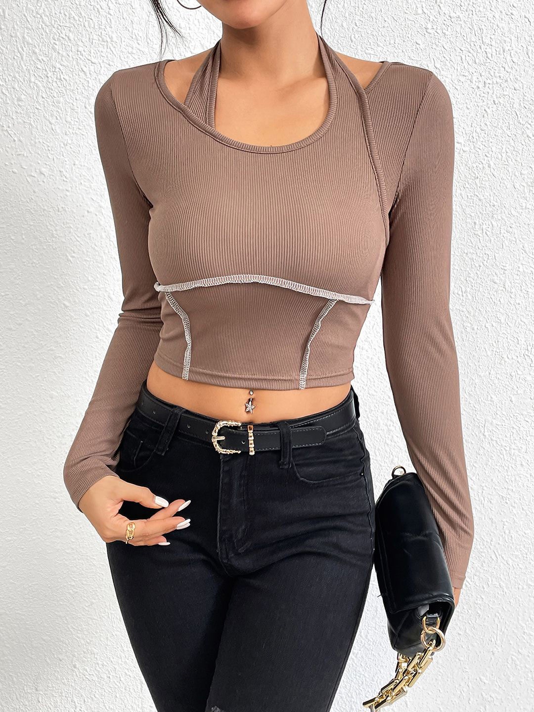 

JC Mode Women Solid Round Neck Top, Camel brown