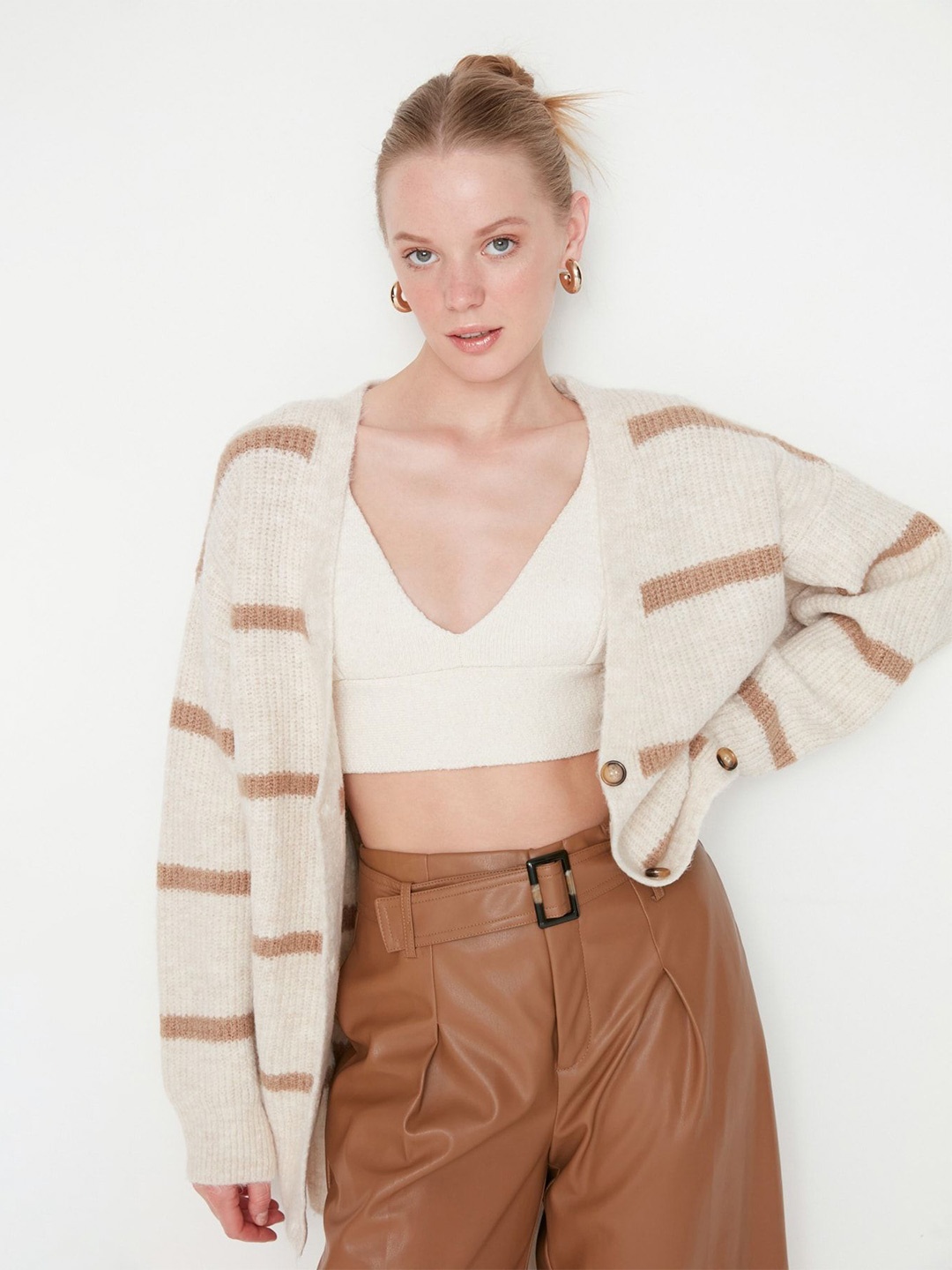 

Trendyol Women Striped Cardigan, Beige