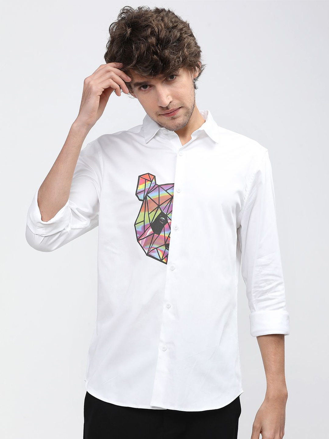 

HIGHLANDER Men Spread Collar Abstract Printed Cotton Slim Fit Casual Shirt, White