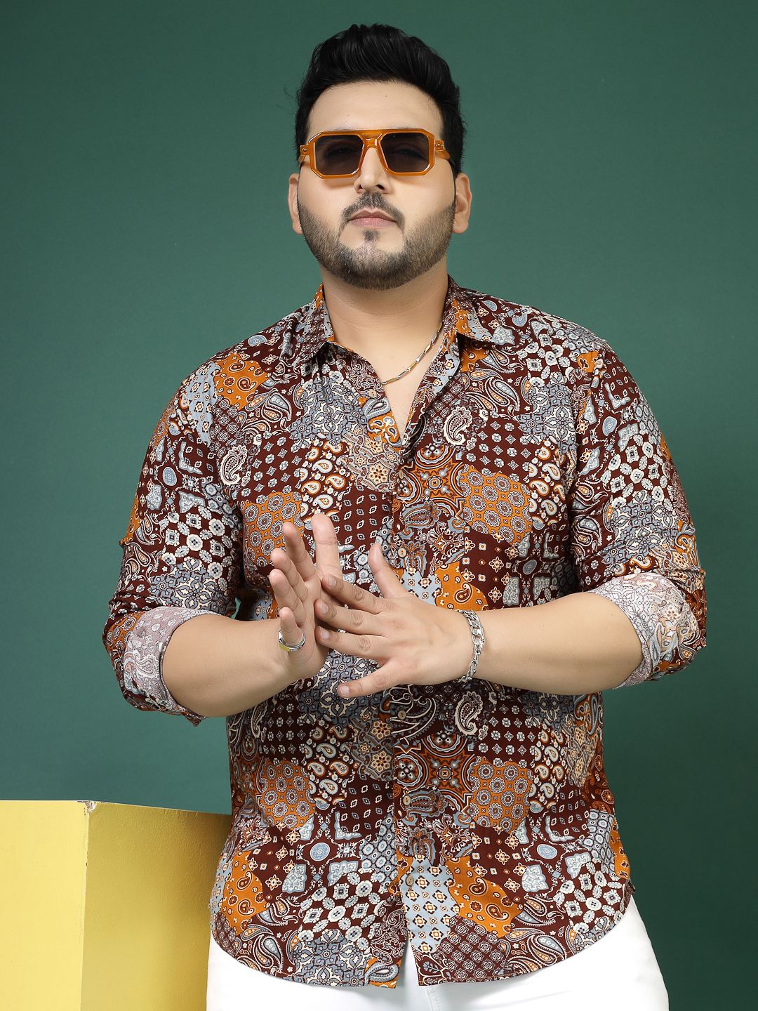 

Rigo Plus Size Comfort Slim Fit Ethnic Motifs Printed Cotton Casual Shirt, Brown