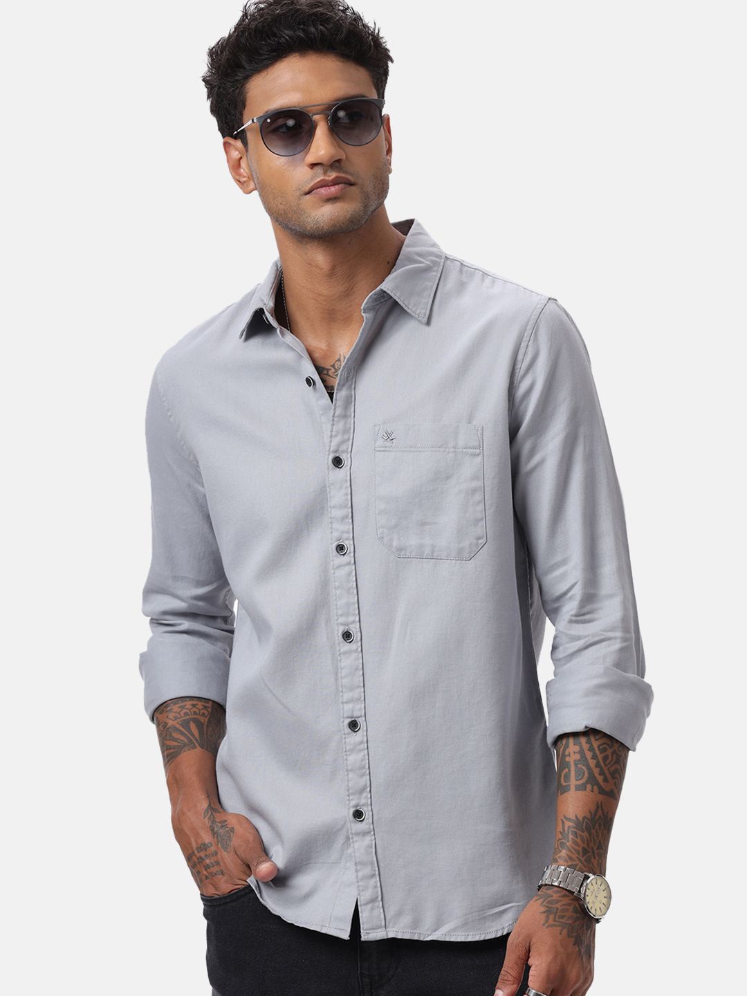 

WROGN Men Custom Spread Collar Solid Cotton Casual Shirt, Grey