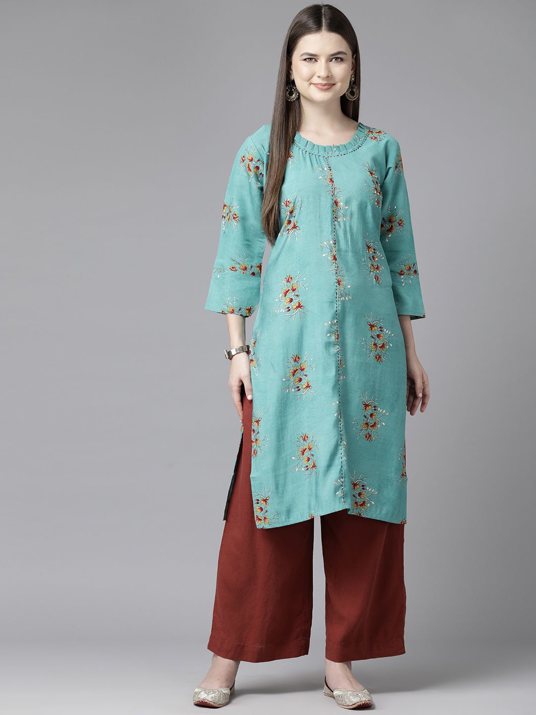 

BAESD Women Geometric Embellished Flared Sleeves Gotta Patti Kurta, Turquoise blue