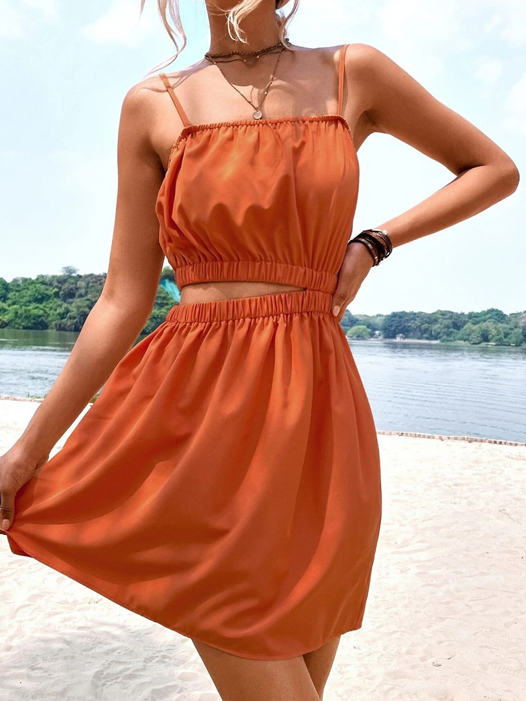 

JC Mode Shoulder Straps Cut-Outs Fit & Flare Dress, Orange