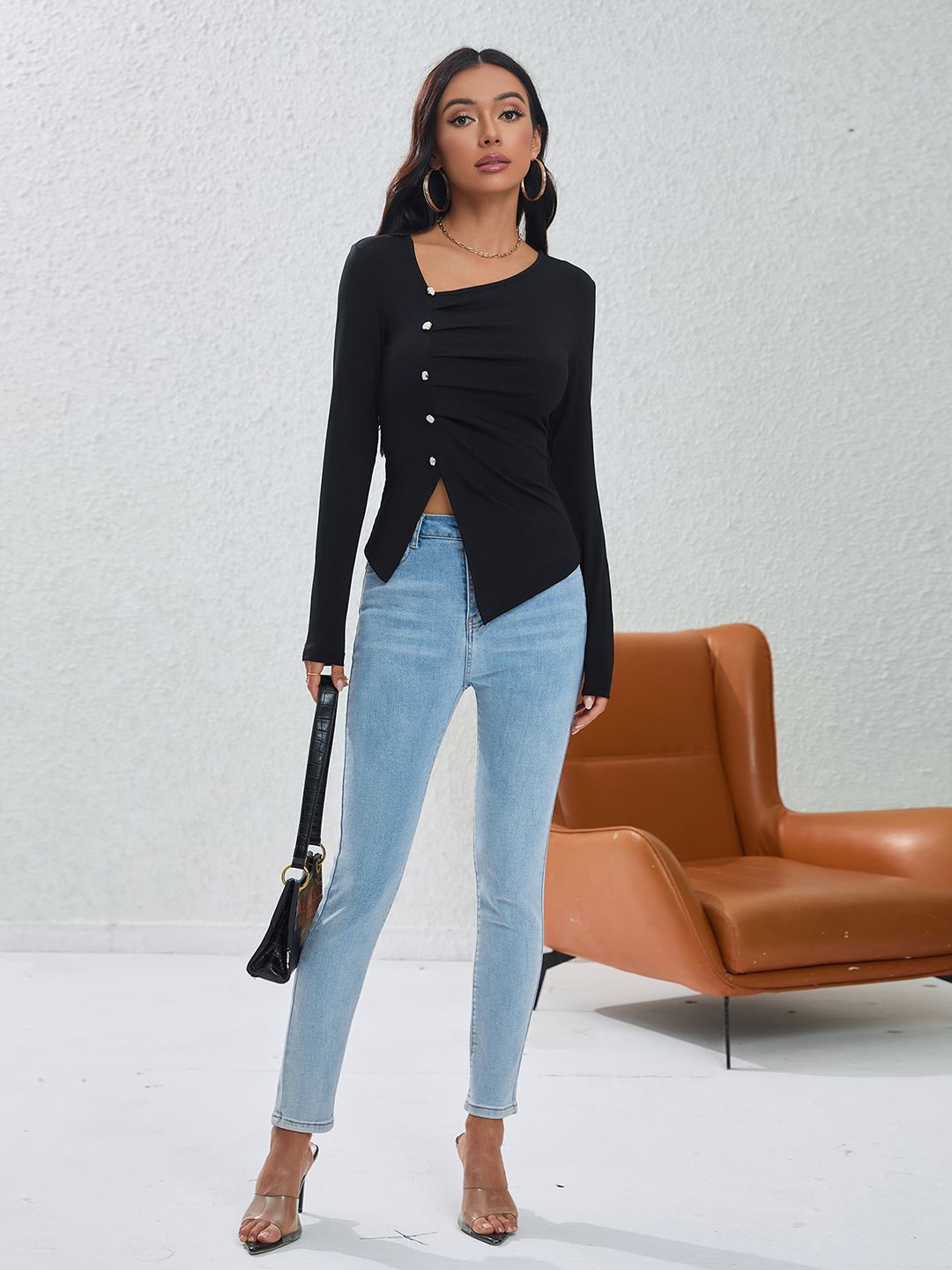 

JC Mode Women Solid Round Neck Top, Black