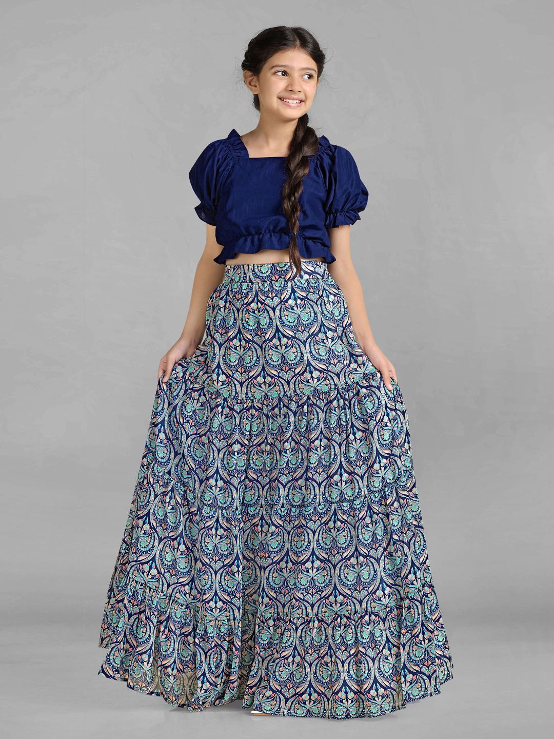 

BAESD Girls Printed Puff Sleeves Ready to Wear Lehenga & Choli, Navy blue