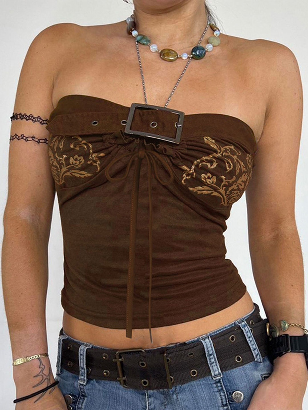 

LULU & SKY Women Self Design Off-Shoulder Top, Brown