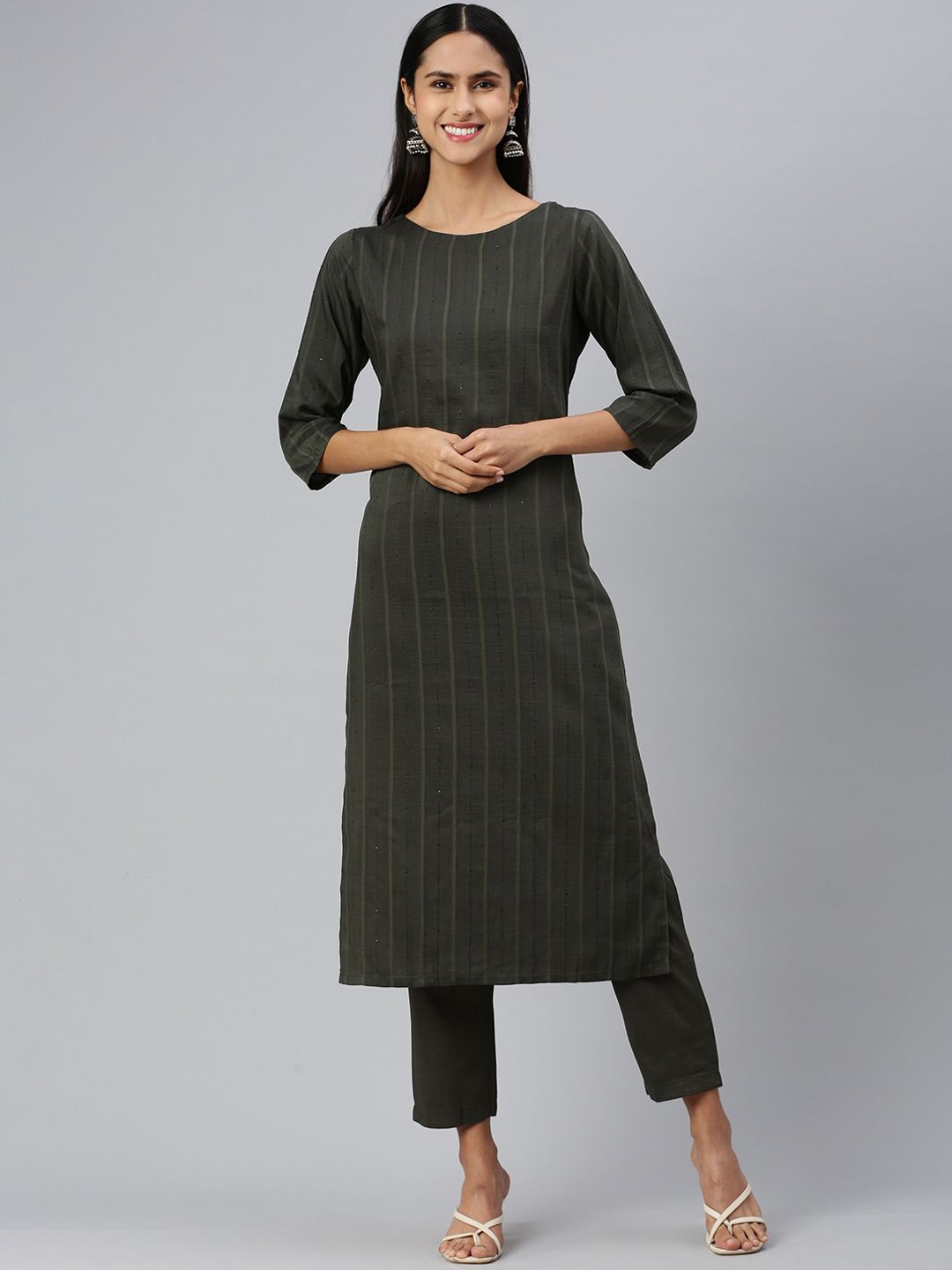 

Shaily Striped Sequinned Dobby Weave Straight Kurta With Trouser, Green