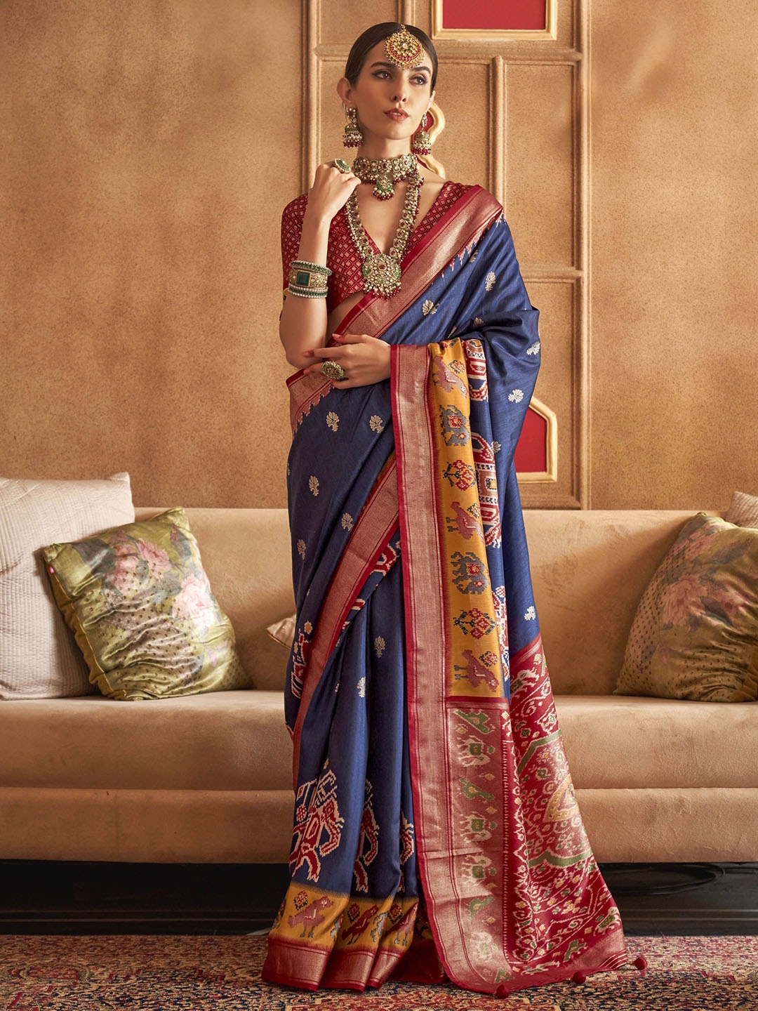 

Mitera Woven Design Zari Silk Blend Patola Saree, Navy blue