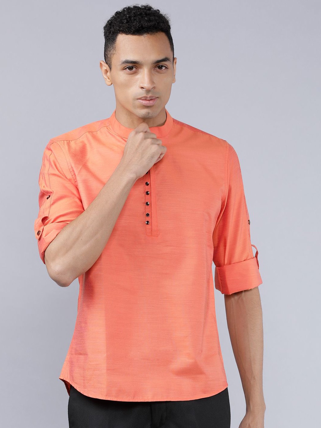 

HIGHLANDER Men Mandarin Collar Solid Cotton Casual Shirt, Coral