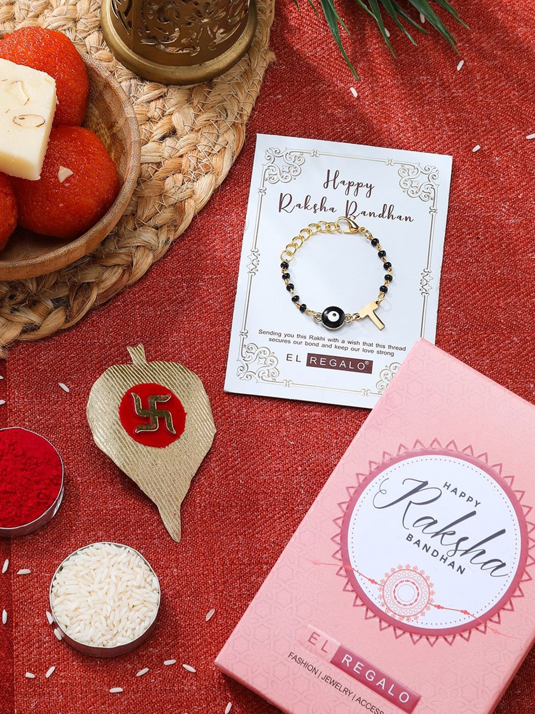 

EL REGALO T Letter Rakhi Gift Set, Gold