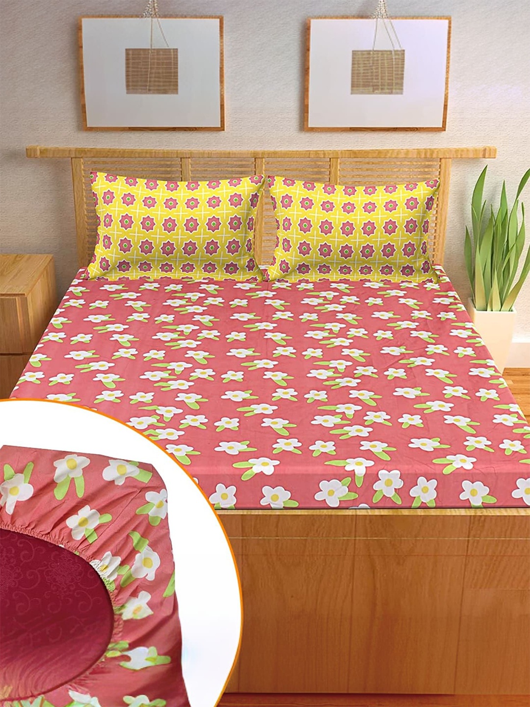 

Kuber Industries Rust & White Floral 144 TC Queen Bedsheet with 2 Pillow Covers