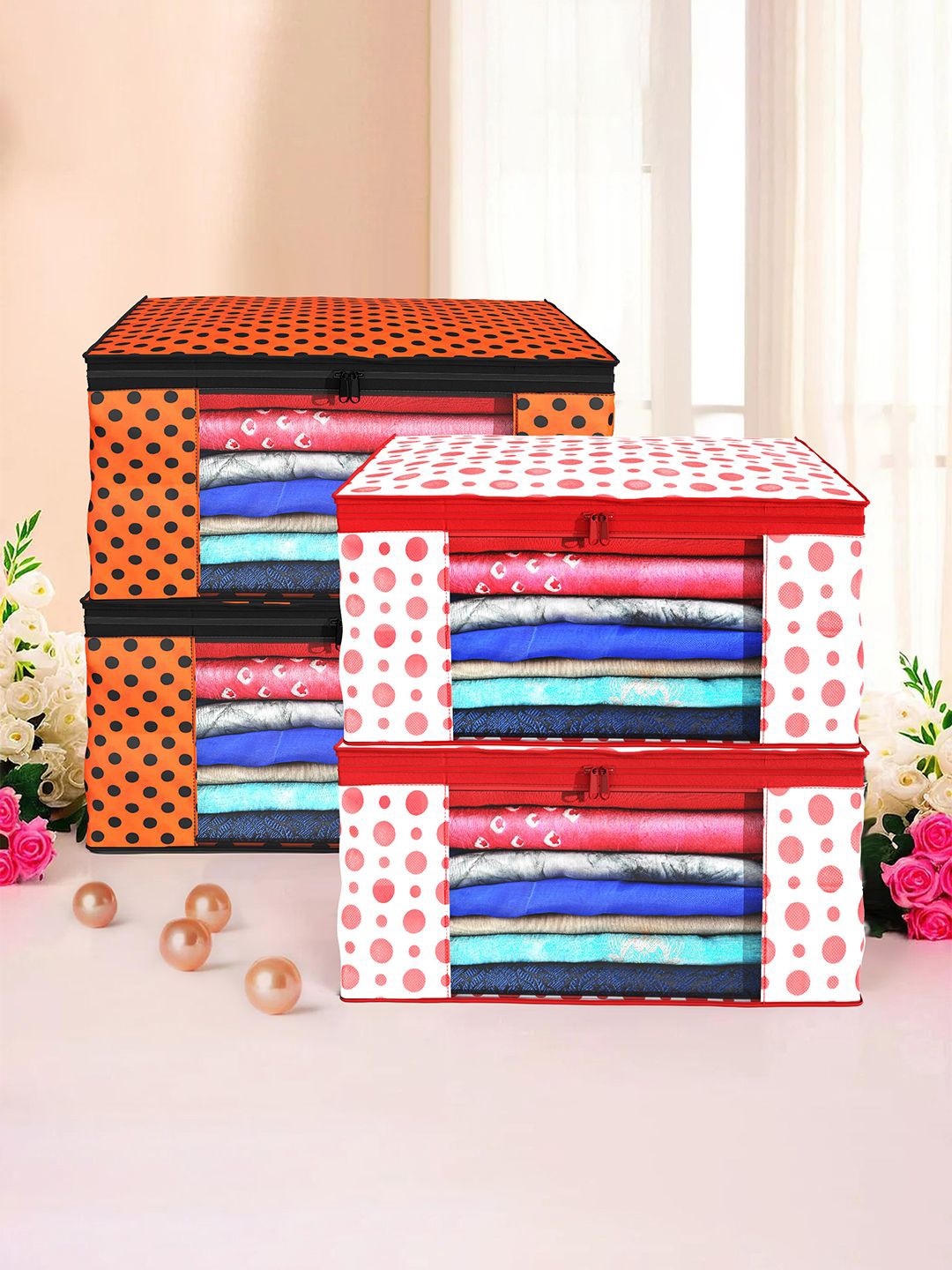 

Kuber Industries Red & Black 4 Pieces Polka Dots Printed Foldable Drawer Organisers