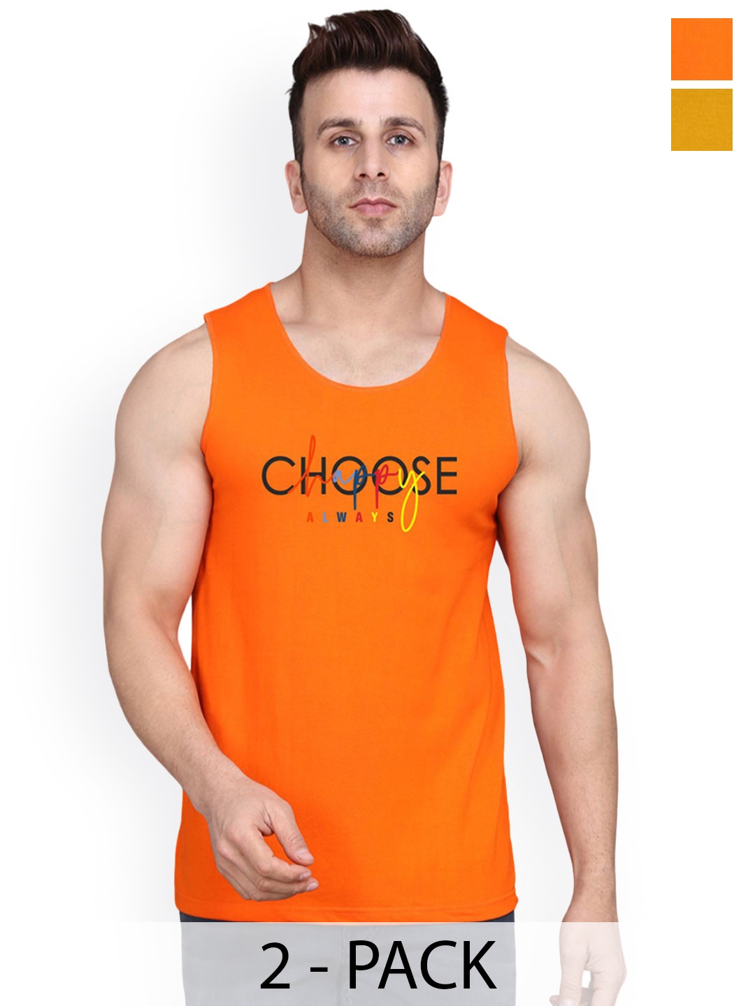 

SLOWLORIS Pack Of 2 Men Printed Gym Vests, Mustard